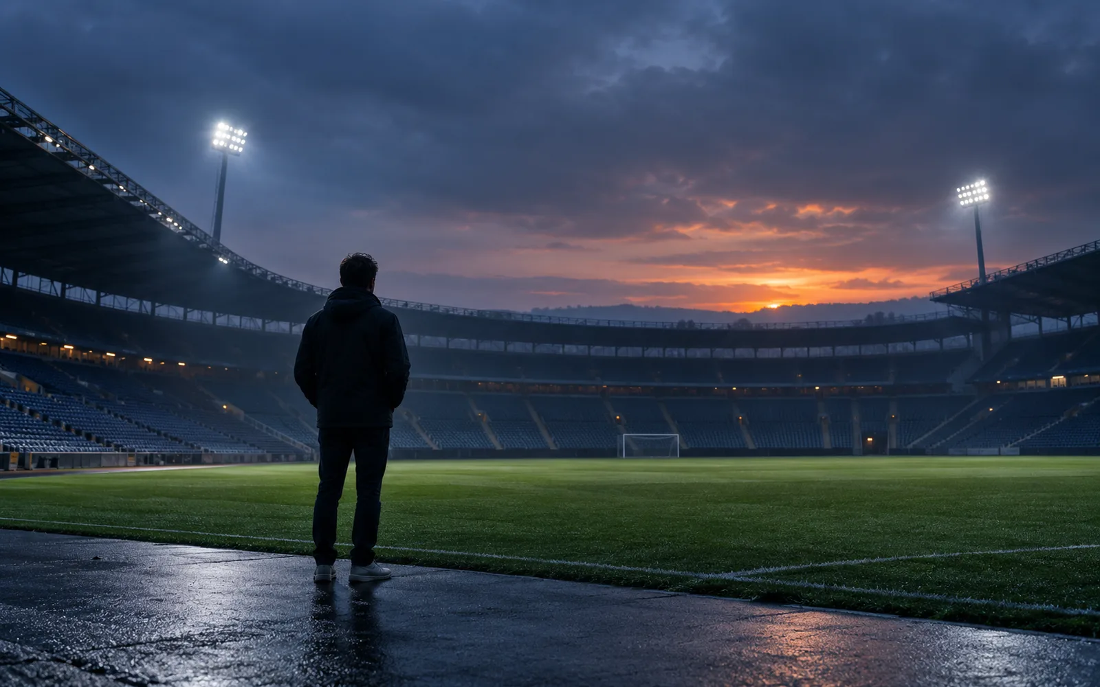Pessoa sozinha nas bancadas de um estádio de futebol vazio ao anoitecer